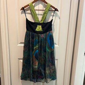 Anthro Deletta Silk Lined Peacock Print Dress Size 4